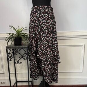 BTFBM Floral Black Pink Floral High Low Ruffle Hem Maxi Skirt M